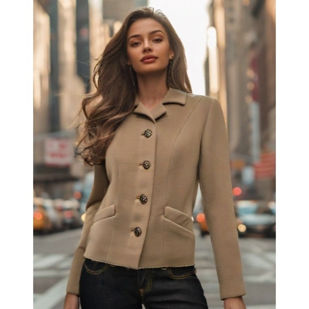 60s-70s Neustetrs Jacket Size Medium Beautiful Buttons Tan Crop Collar Zepel EUC